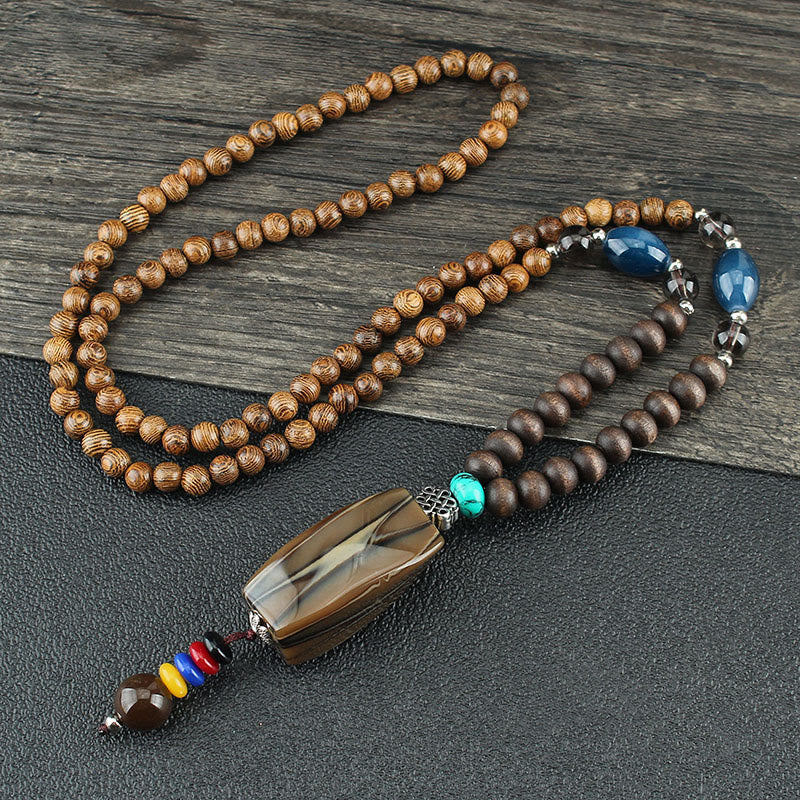 Buddha Stones Tibetan Wenge Wood Bodhi Seed Agate Balance Peace Necklace Pendant