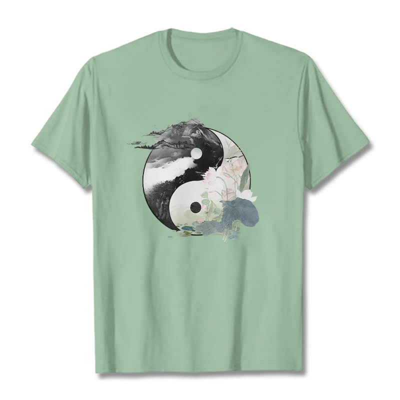 Buddha Stones Yin Yang Lotus Leaf Ink Painting Cotton Tee T-shirt