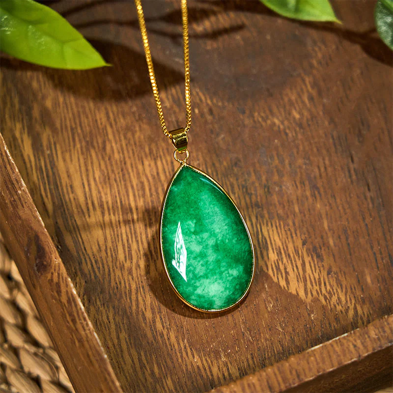 Buddha Stones Green Jade Water Drop Pattern Abundance Necklace Pendant