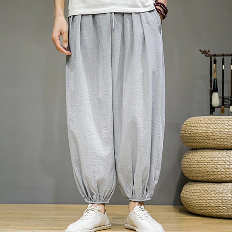 Buddha Stones Summer Plain Drawstring Men's Ankle-Length Cotton Harem Pants With Pockets