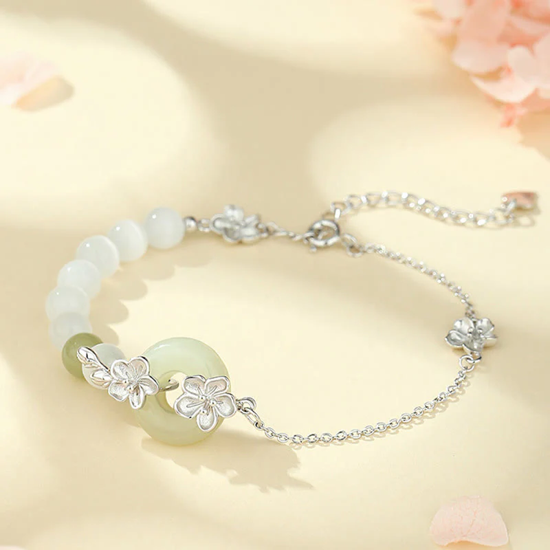 Buddha Stones 999 Sterling Silver Natural Hetian Jade Peace Buckle Peach Blossom Luck Bracelet