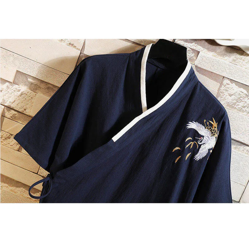 Buddha Stones Tang Suit Embroidery Crane Pattern Lace-Up Side Men's Cotton Linen T-Shirt