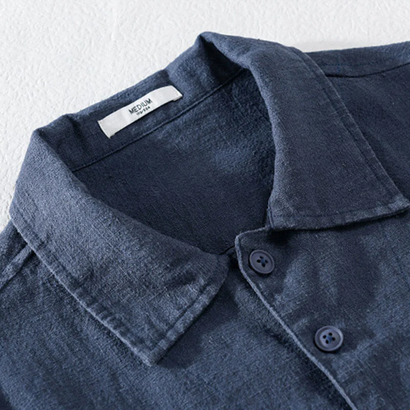 Buddha Stones Commute Men's Plain Buttons Design Cotton Linen Long Sleeve Shirt With Pockets