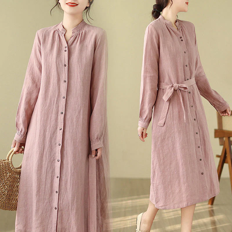 Buddha Stones Casual Plain Drawstring Button Cotton Linen Midi Dress With Pockets