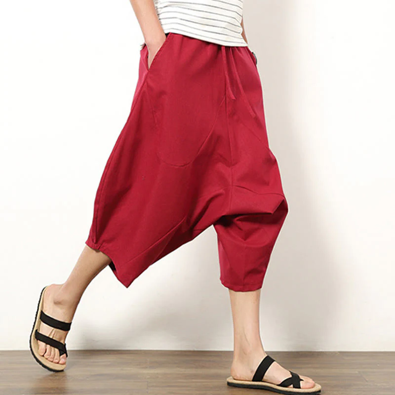 Buddha Stones Spring Plain Simple Patchwork Design Drawstring Cotton Linen Men's 7-8 Length Wide Leg Pants With Pockets