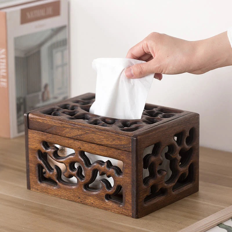 Buddha Stones Retro Wooden Tissue Box Engraved Wooden Tissue Holder Wipes Boxes Decoration