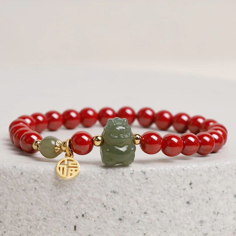 Buddha Stones 925 Sterling Silver Year of the Dragon Natural Cinnabar Hetian Jade Dragon Fu Character Ruyi As One Wishes Charm Blessing Bracelet