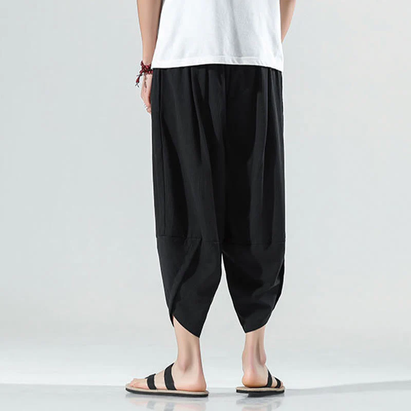 Buddha Stones Plain Simple Design Drawstring 7-8 Length Linen Men's Harem Pants With Pockets