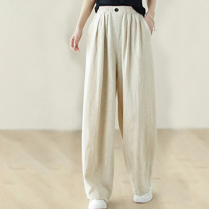 Buddha Stones Commute Button Design Women's Cotton Linen Elastic Waistband Pants With Pockets