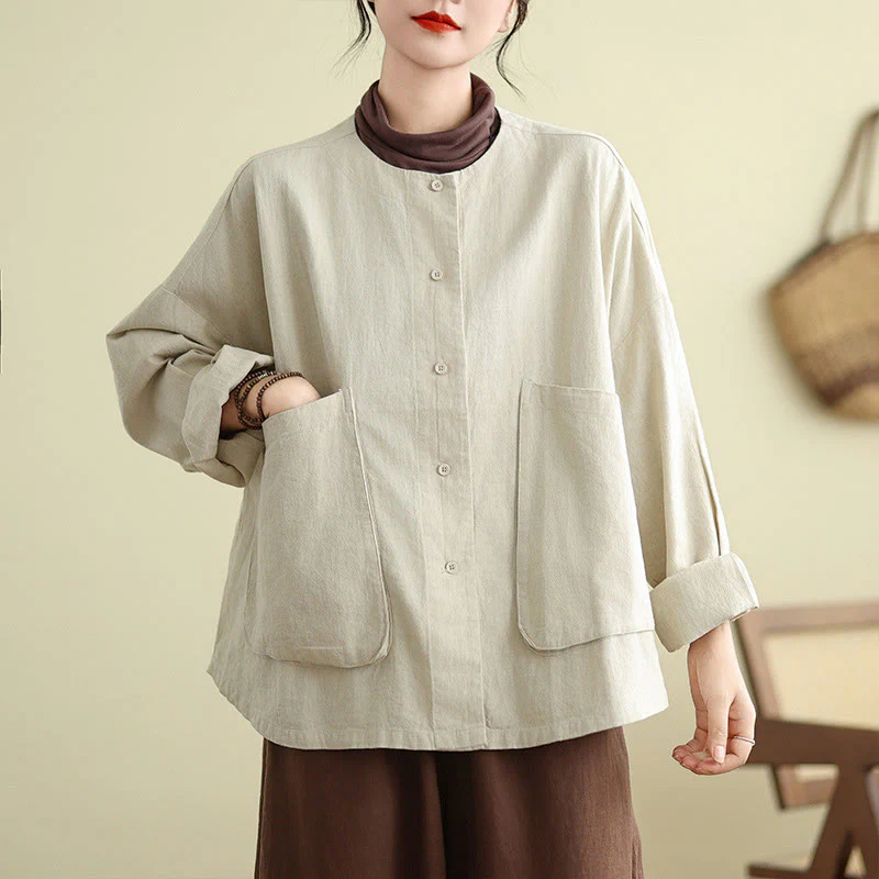 Buddha Stones Plain Design Long Sleeve Women's Cotton Linen Jacket With Pockets