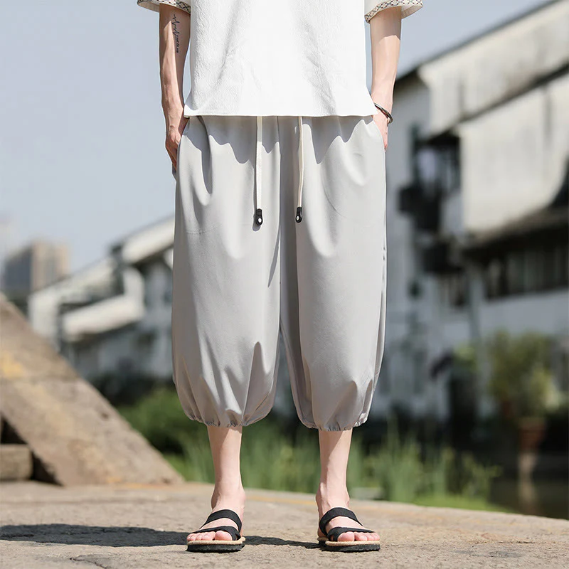 Buddha Stones Solid Drawstring Men's Capri Cropped Harem Pants With Pockets