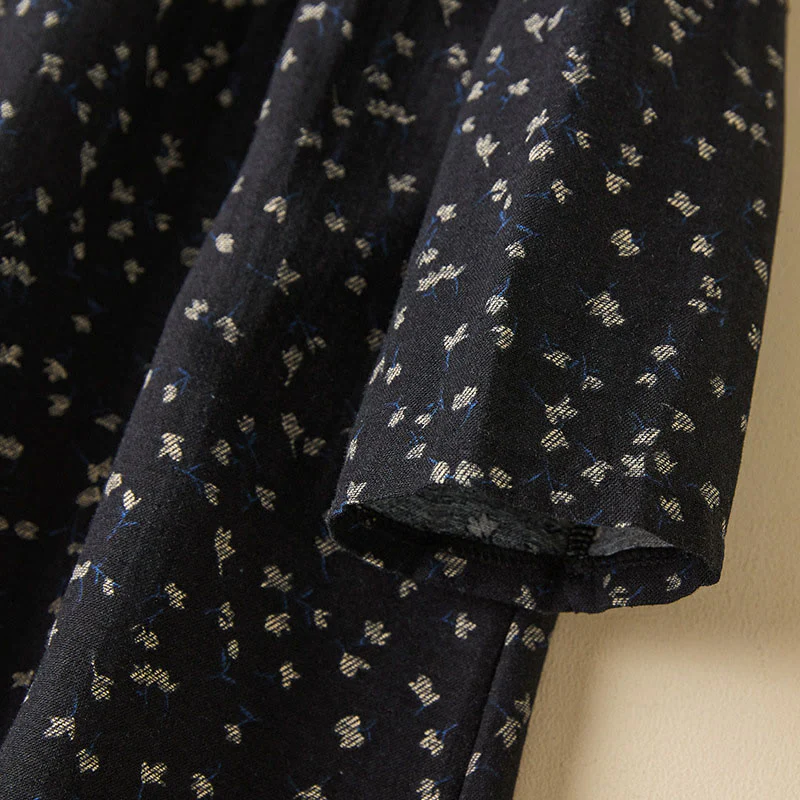 Buddha Stones Fall Printing Floral Buttons Lace Lapel Design Cotton Linen Midi Dress With Pockets