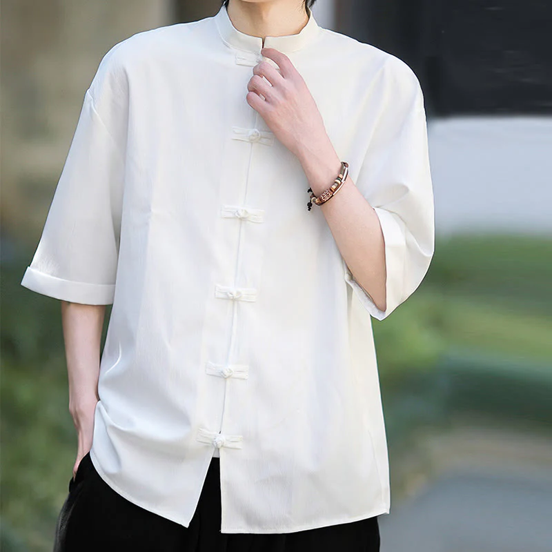 Buddha Stones Plain Tang Suit Frog-Button Design Men's Half Sleeve Shirt