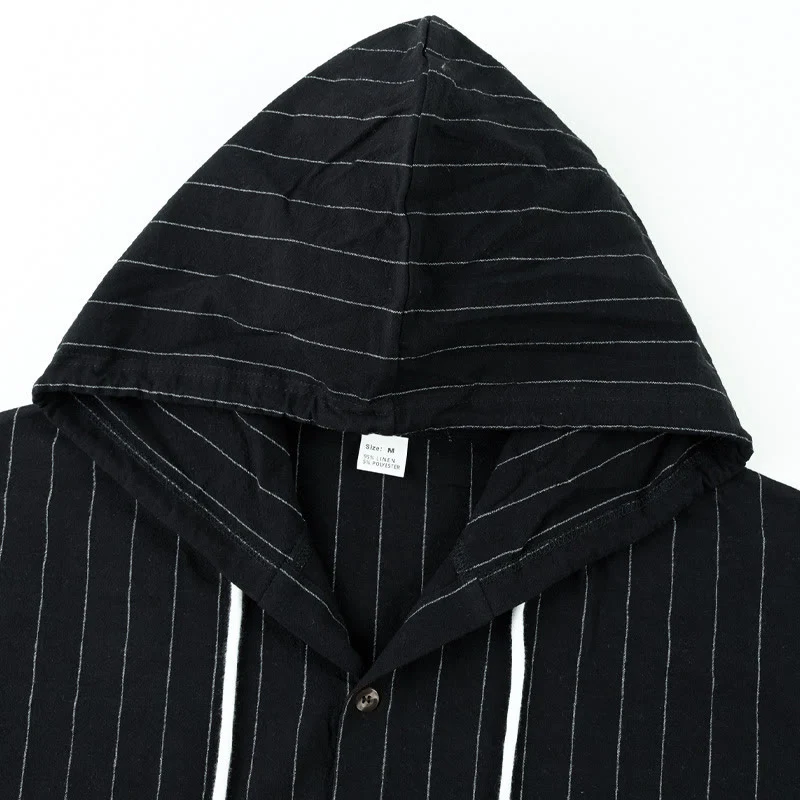 Buddha Stones Solid Long Sleeve Hooded Stripes Drawstring Buttons Linen Men's Shirt