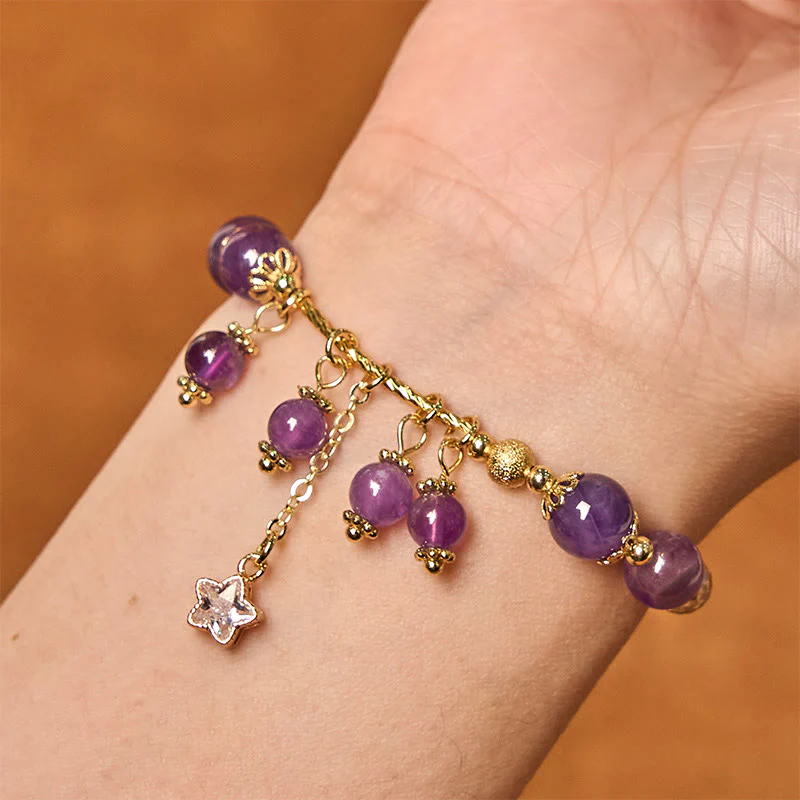 Buddha Stones Natural Amethyst Four Leaf Clover Star Peace Bracelet