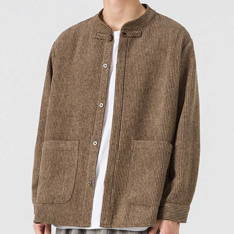 Buddha Stones Long Sleeve Frog-button Design Men's Cotton Jacket Shirt With Pockets