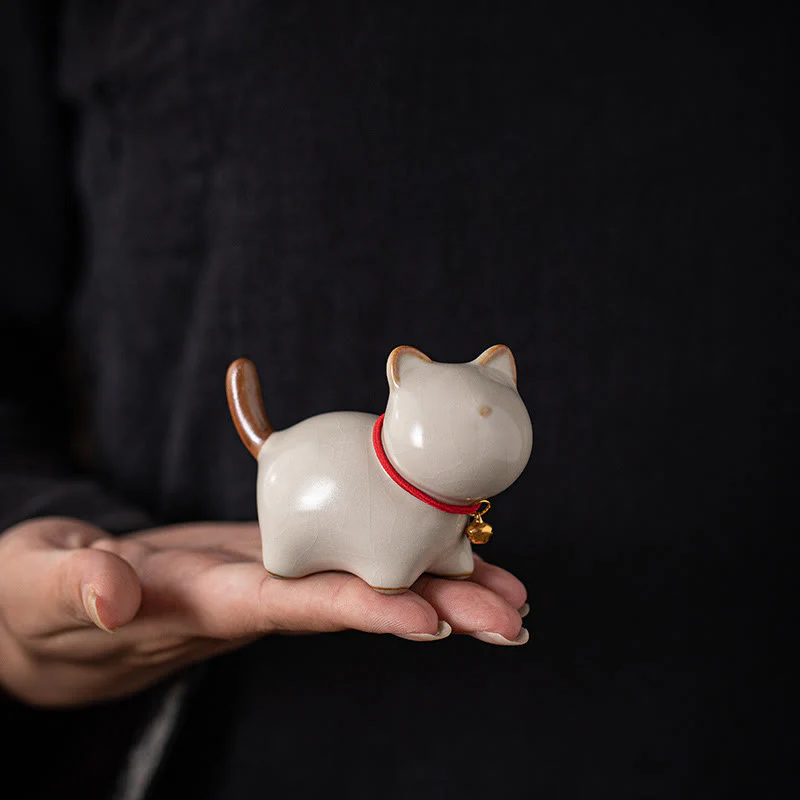 Buddha Stones Mini Lucky Cute Standing Cat Red Rope Bell Ceramic Figurine Decoration