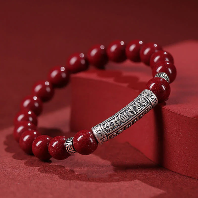 Buddha Stones Cinnabar 999 Sterling Silver Six True Words Blessing Bracelet