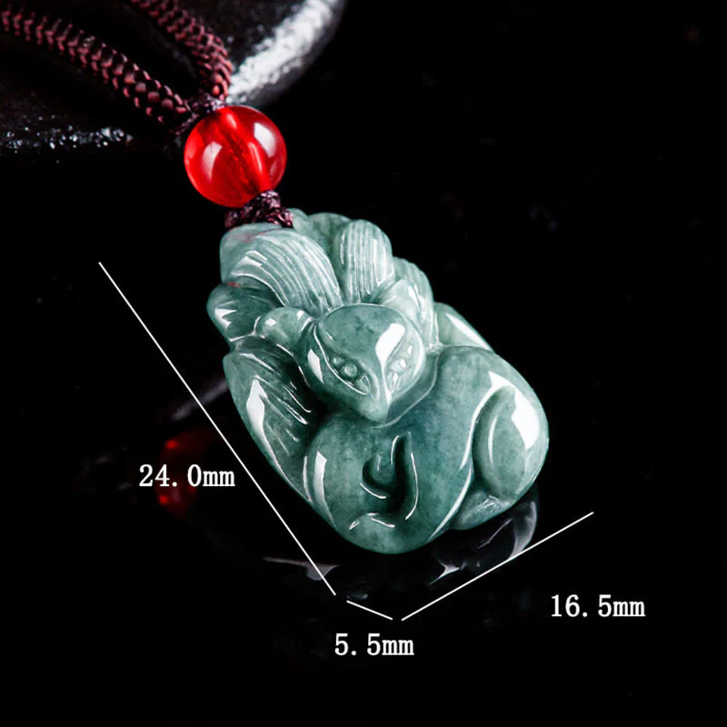 Buddha Stones Natural Green Jade Nine Tailed Fox Engraved Prosperity Necklace Pendant