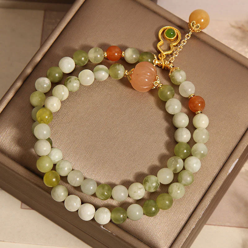 Buddha Stones Double Wrap Gourd Pumpkin Green Grape Serpentine Jade Luck Bracelet
