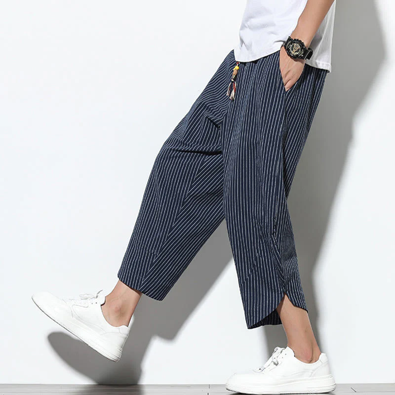 Buddha Stones Summer Stripes Pattern Drawstring Cotton Linen Men's 7-8 Length Harem Pants With Pockets