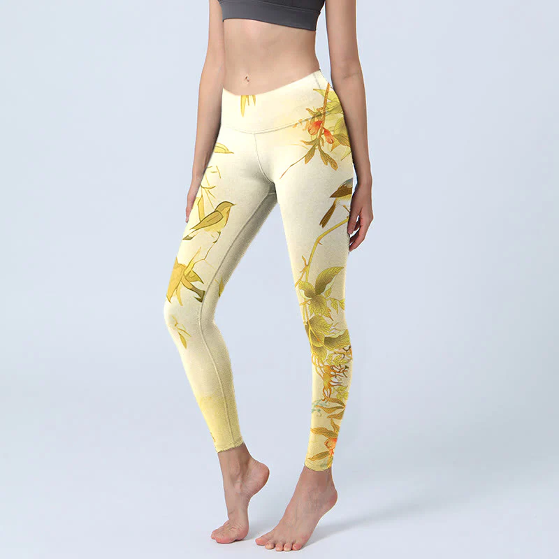 Buddha Stones Light Yellow Peony Flowers Birds Print Sports Leggings Women's Yoga Pants