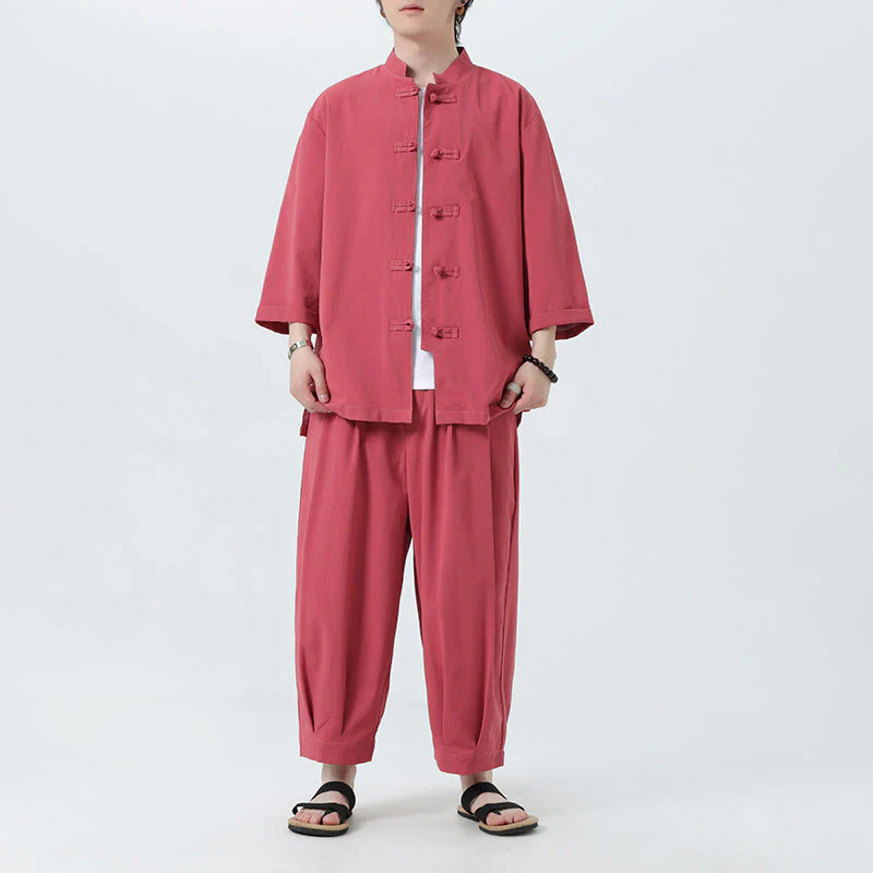 Buddha Stones 2Pcs Solid Frog-Button Three Quarter Sleeve Shirt Pants Men's Set
