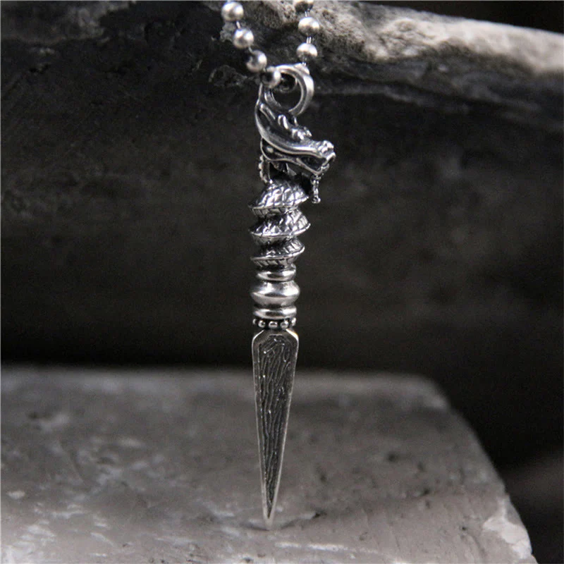 Buddha Stones 925 Sterling Silver Year of the Dragon Design Dorje Vajra Protection Necklace Pendant