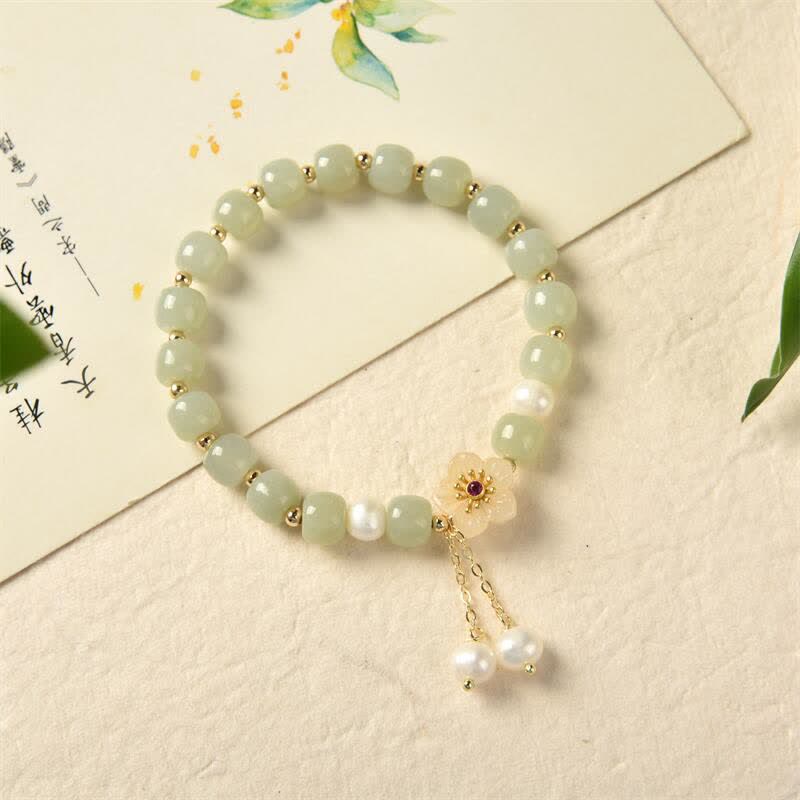 Buddha Stones Hetian Jade Flower Pearl Happiness Abundance Bracelet