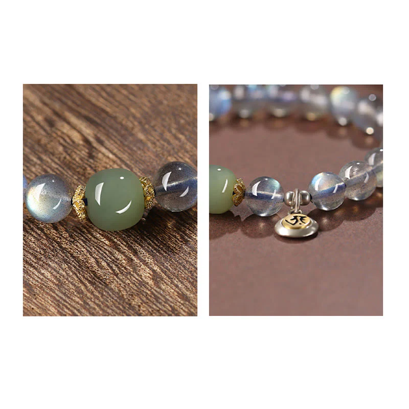 Buddha Stones Chinese Zodiac Natal Buddha 925 Sterling Silver Natural Moonstone Hetian Jade Positive Bracelet