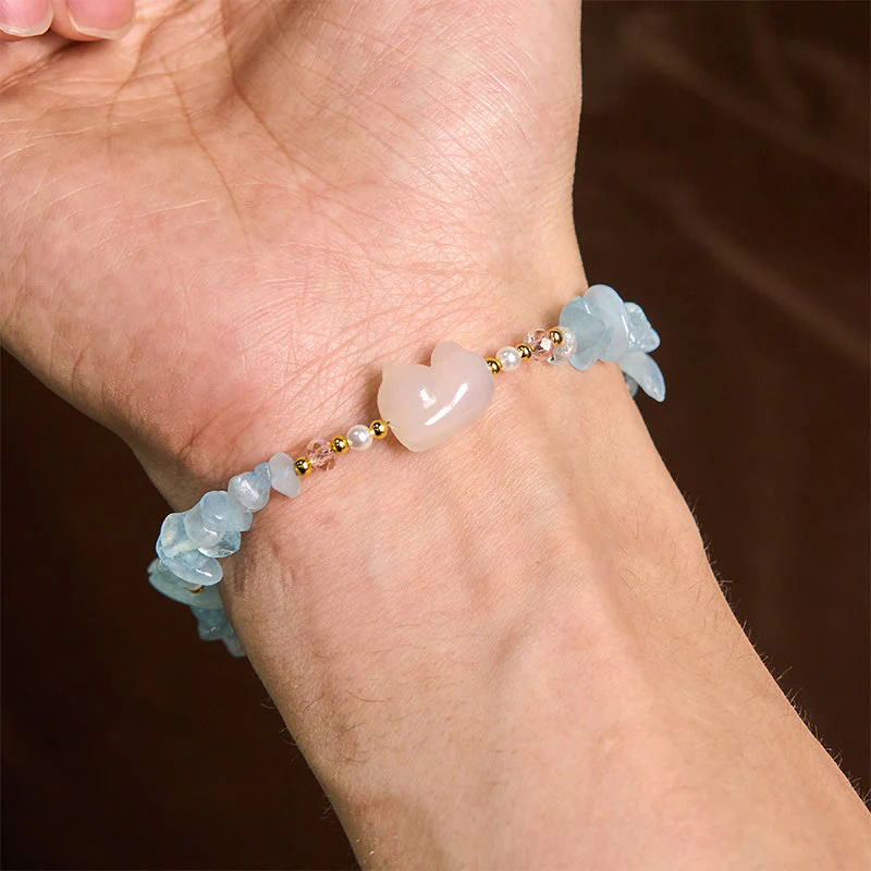 Buddha Stones Natural Irregular Aquamarine Cute Cat Healing Bracelet