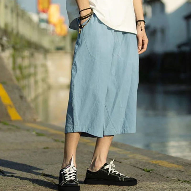 Buddha Stones Summer Plain Pleat Design Drawstring Men's 7-8 Length Cotton Linen Pants With Pockets