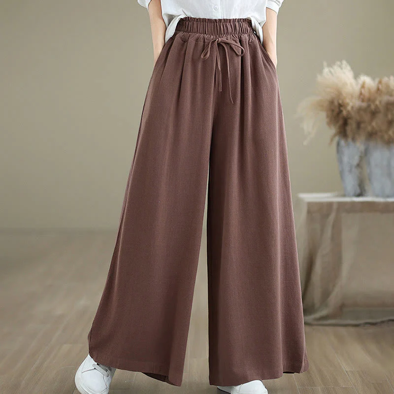 Buddha Stones Commute Plain Simple Lace-Up Design Women's Wide Leg Cotton Linen Pants With Pockets