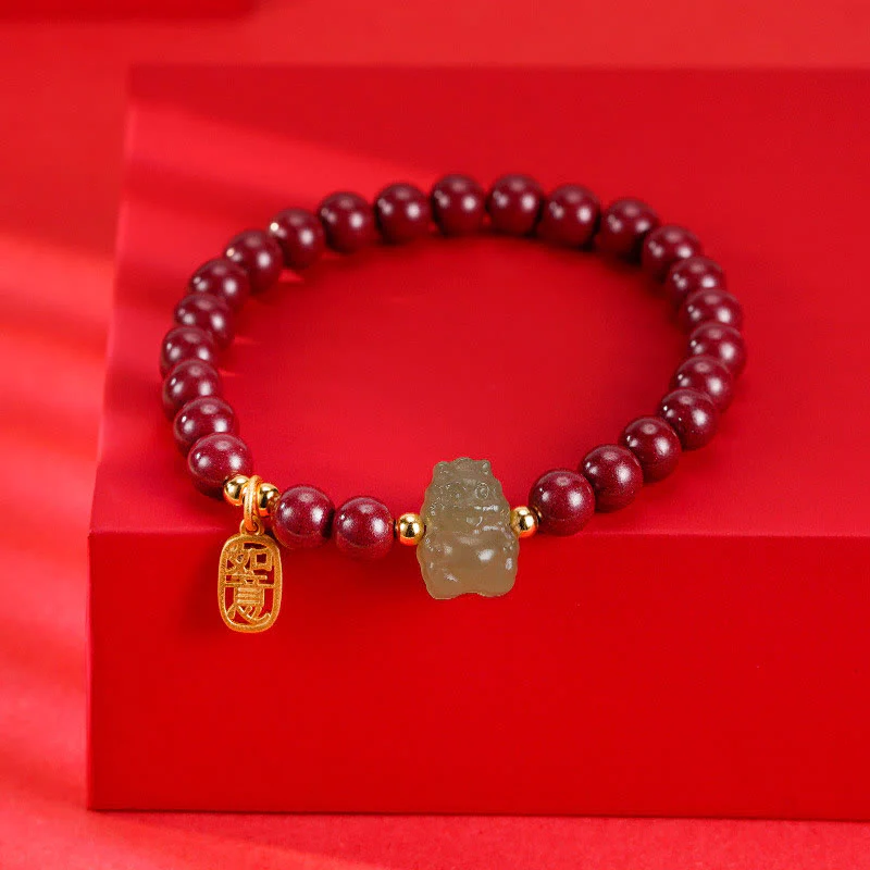 Buddha Stones 925 Sterling Silver Year of the Dragon Natural Cinnabar Hetian Jade Dragon Fu Character Ruyi As One Wishes Charm Blessing Bracelet