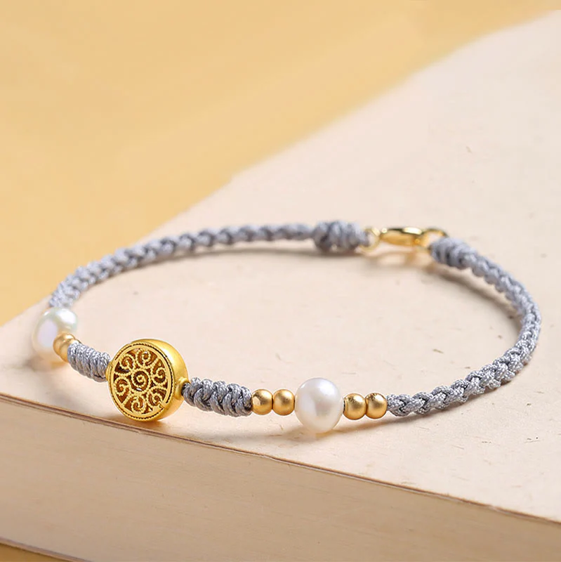 Buddha Stones Copper Coin Fortune Tree Pearl Luck Blue Rope Braided Bracelet