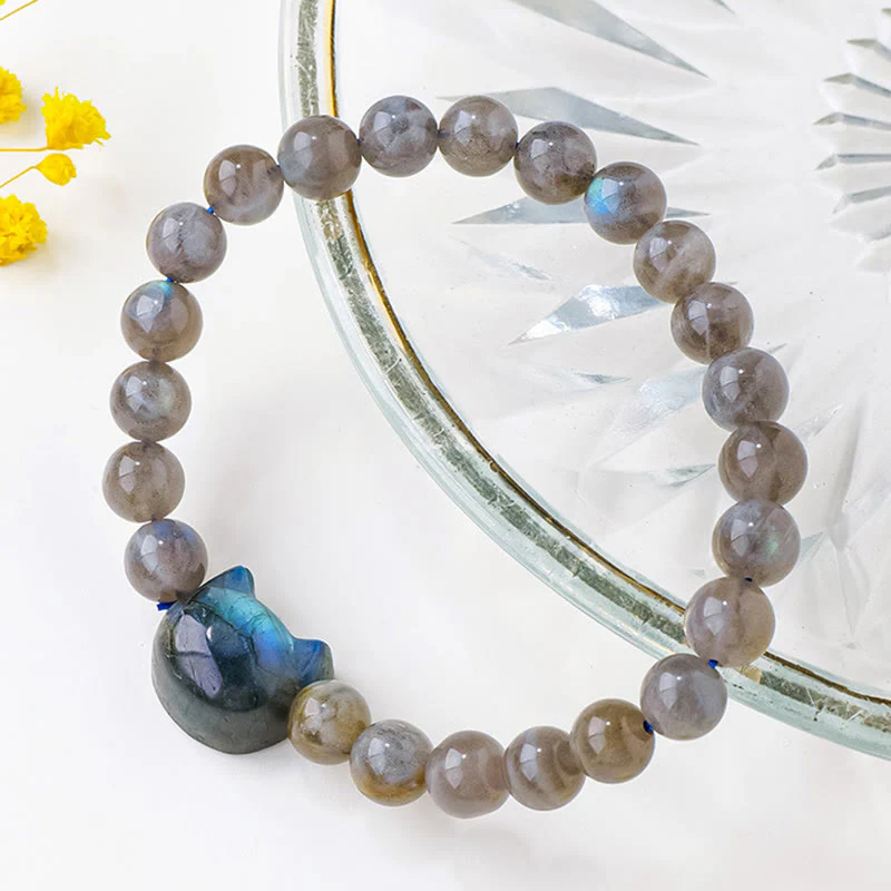 Buddha Stones Natural Labradorite Cute Cat Head Healing Change Bracelet