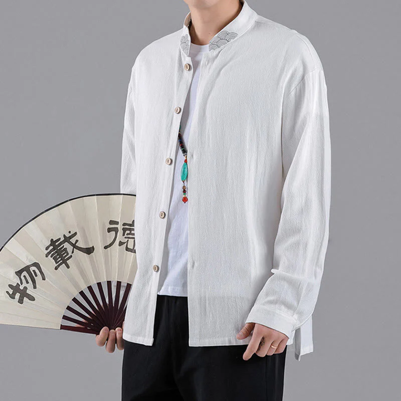 Buddha Stones Embroidered Auspicious Clouds Stand Collar Button Down Long Sleeve Men's Cotton Shirt