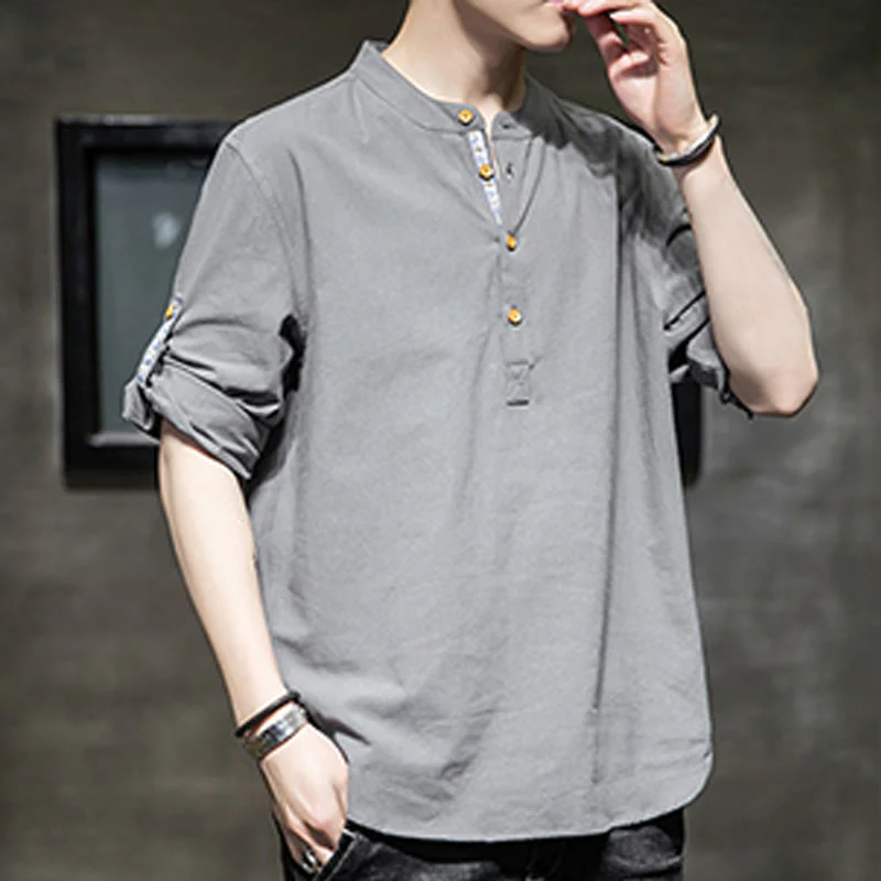 Buddha Stones Summer Solid Men's Half Buttons Half Sleeve Linen Shirt