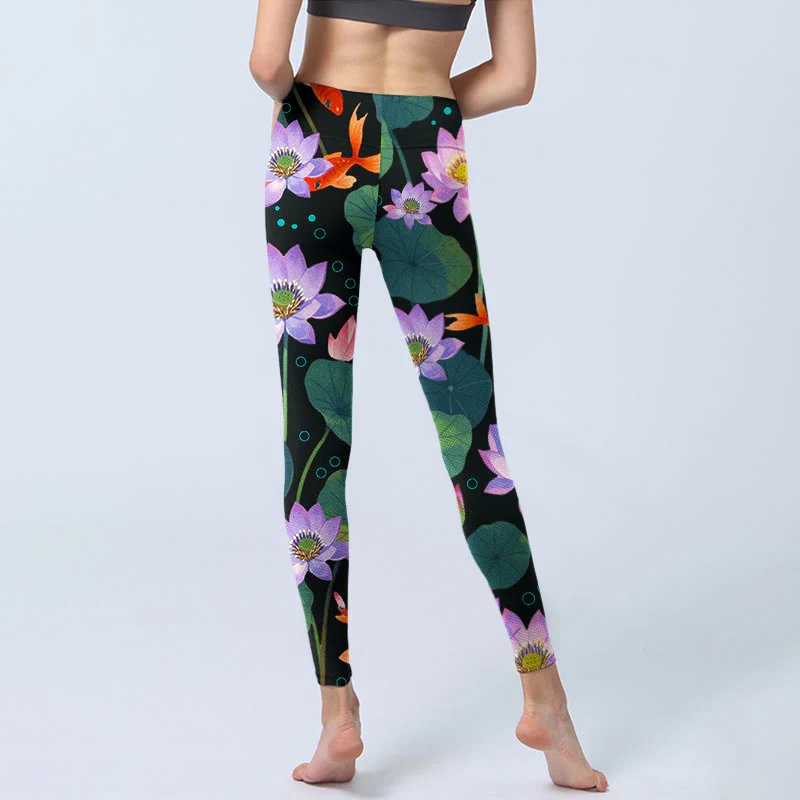 Buddha Stones Blooming Light Purple Lotus Flower Lotus Leaves Koi Fish Pattern Print Gym Leggings Women's Yoga Pants