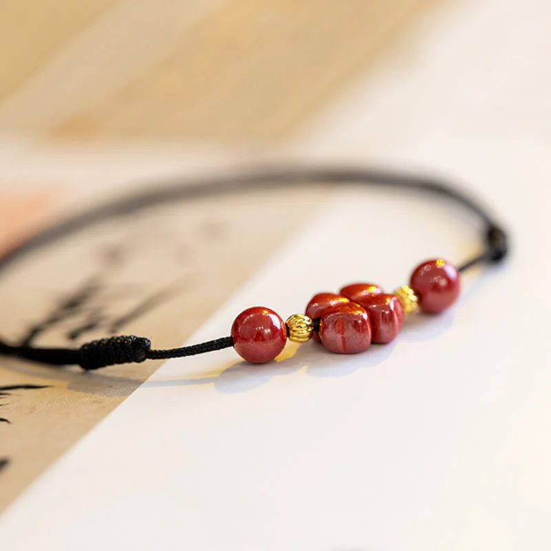 Buddha Stones Four Leaf Clover Cinnabar Blessing Calm String Bracelet Anklet