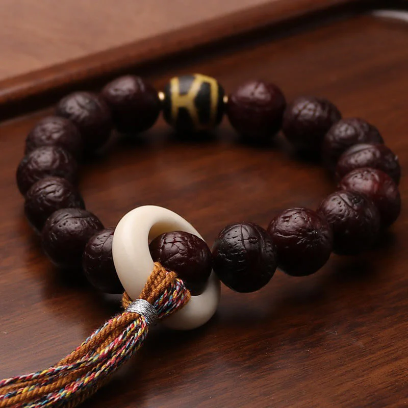 Buddha Stones Tibetan Bodhi Seed Agate Bead Luck Wealth Tassel Charm Wrist Mala