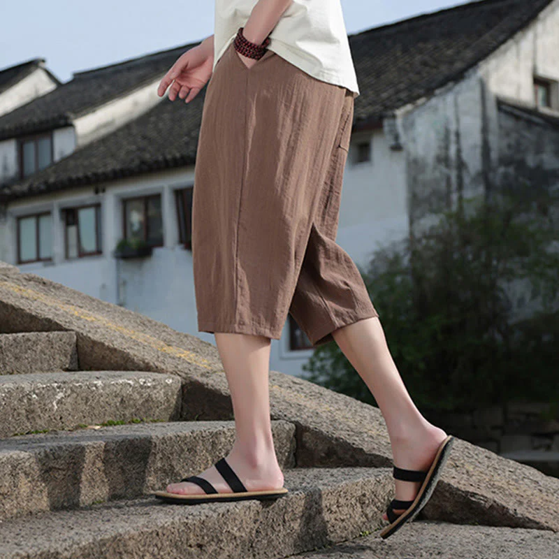 Buddha Stones Spring Casual Pure Color Drawstring Simple Design Men's Cropped Pants With Pockets
