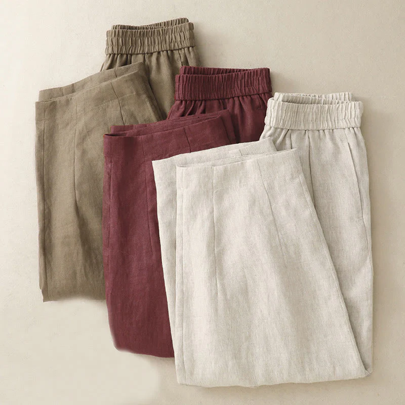 Buddha Stones Summer Plain Women's Cotton Linen Harem Pants With Pockets