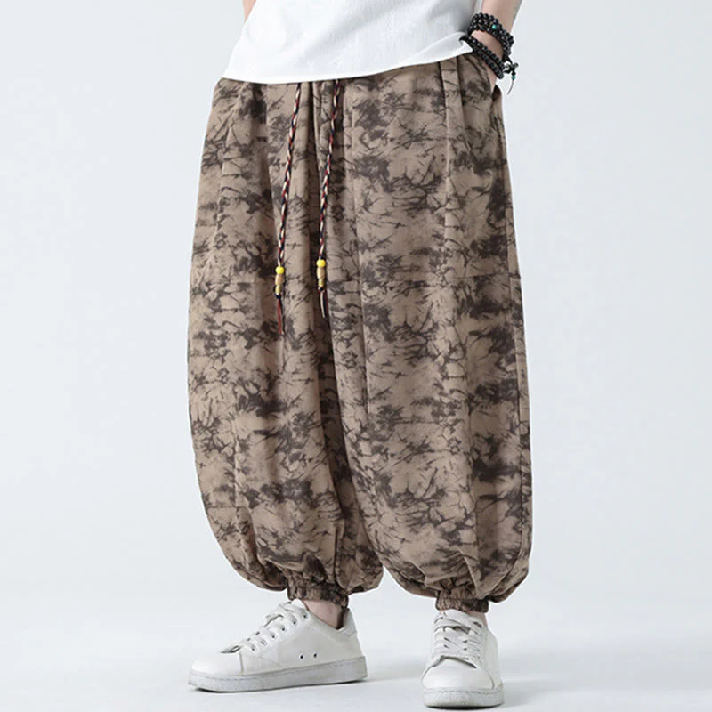 Buddha Stones Retro Casual Drawstring Design Floral Pattern Men's Harem Pants With Pockets