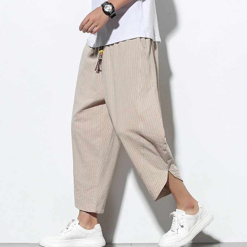 Buddha Stones Summer Stripes Pattern Drawstring Cotton Linen Men's 7-8 Length Harem Pants With Pockets