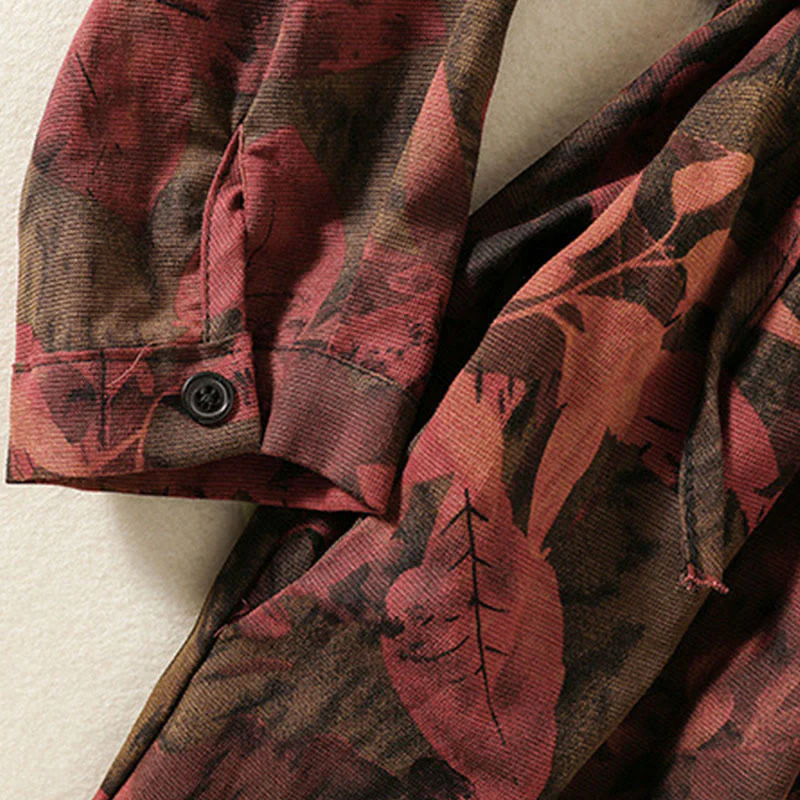 Buddha Stones Casual Printing Drawstring Chinese Frog-Button Cotton Linen Midi Dress With Pockets