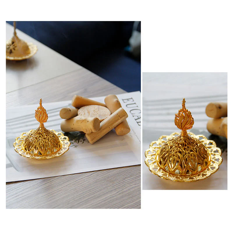 Buddha Stones Gold Alloy Healing Mini Incense Burner With Wooden Coaster Home Decor