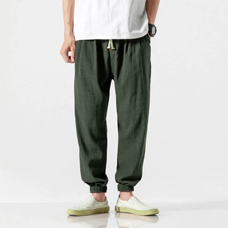 Buddha Stones Simple Drawstring Design Linen Men's Pants With Pockets
