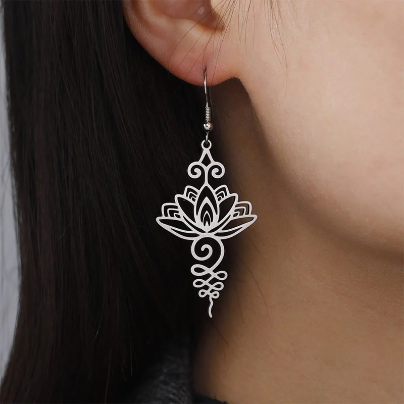 Buddha Stones Hollow Lotus Flower Stainless Steel Enlightenment Metal Drop Earrings
