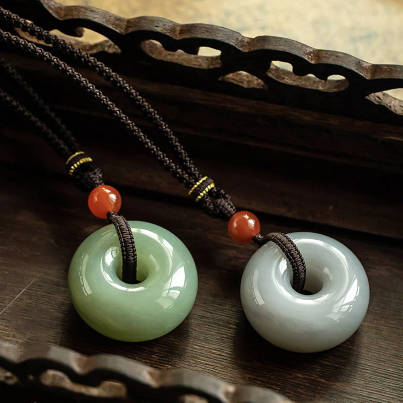 Buddha Stones Natural Round Jade Gray Jade Peace Buckle Luck Necklace Pendant